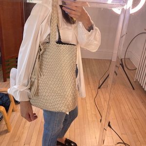 Cream / off white leather braided basket weave tote bag / purse. Great size.